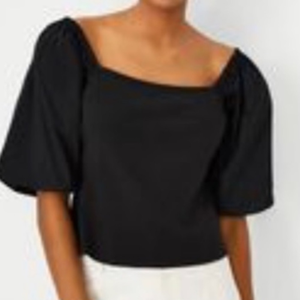 Ann Taylor Black Square Neck Puff Sleeve Top
